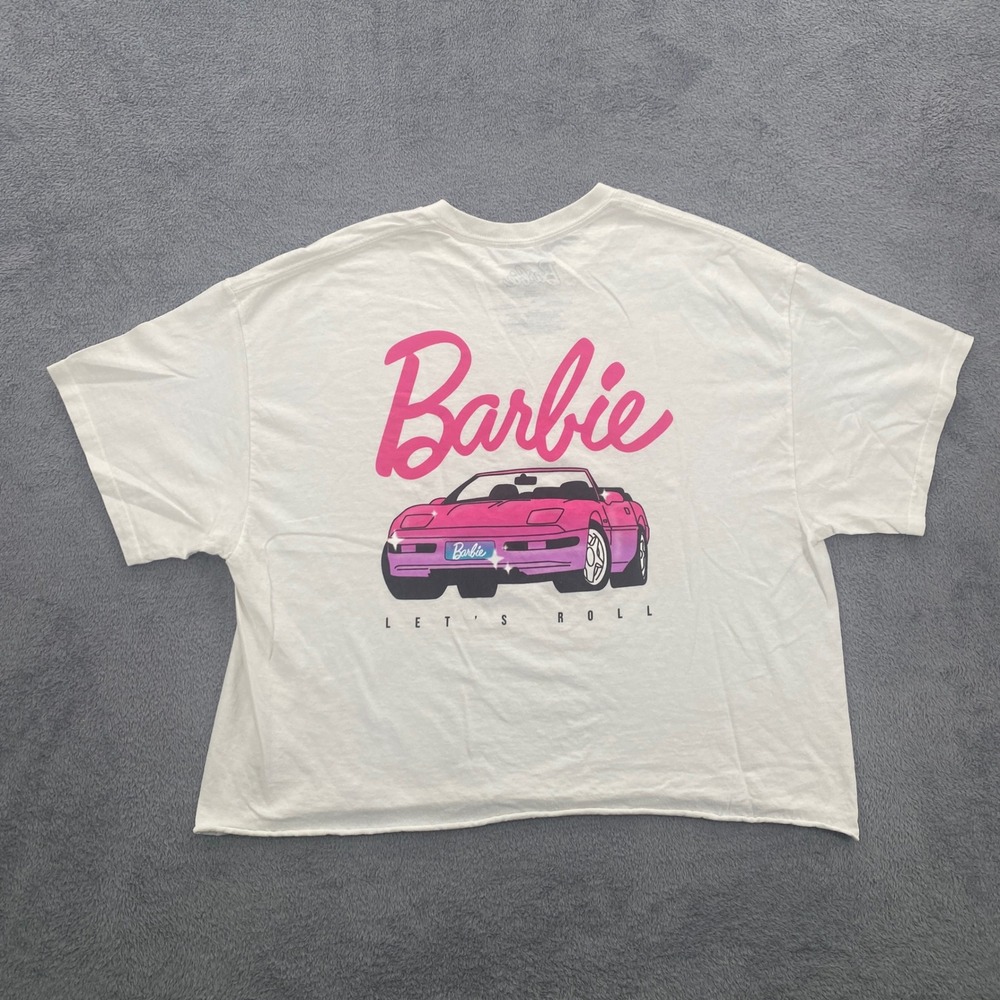 Barbie Graphic Tee Women XL White Let's Roll Car Raw Hem Crop Top